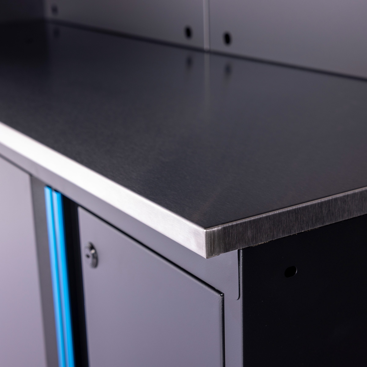 SGS 6pc Garage Storage System | Stainless Work Bench | Wheeled Cabinet | Wall Shelving | Tall Double Side Cabinet | Blue